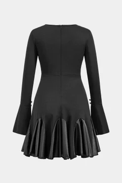MICAS Long Sleeve Dresses|Mini Dresses-Faux Leather Patchwork Round Neck Long Sleeve Mini Dress BLACK