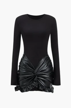 MICAS Long Sleeve Dresses|Mini Dresses-Faux Leather Patchwork Ruffle Ruched Long Sleeve Mini Dress BLACK