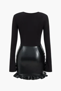 MICAS Long Sleeve Dresses|Mini Dresses-Faux Leather Patchwork Ruffle Ruched Long Sleeve Mini Dress BLACK