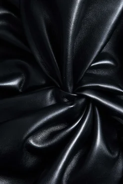 MICAS Long Sleeve Dresses|Mini Dresses-Faux Leather Patchwork Ruffle Ruched Long Sleeve Mini Dress BLACK