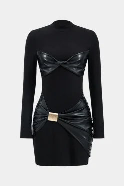 MICAS Long Sleeve Dresses|Mini Dresses-Faux Leather Patchwork Ruched Long Sleeve Mini Dress BLACK