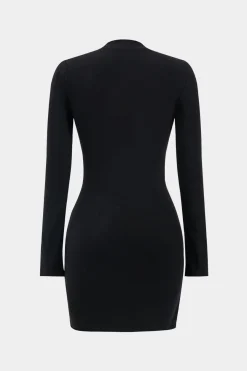 MICAS Long Sleeve Dresses|Mini Dresses-Faux Leather Patchwork Ruched Long Sleeve Mini Dress BLACK