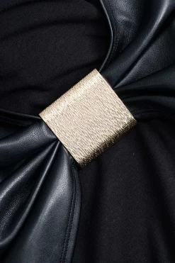 MICAS Long Sleeve Dresses|Mini Dresses-Faux Leather Patchwork Ruched Long Sleeve Mini Dress BLACK