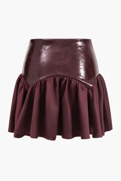MICAS Skirts-Faux Leather Patchwork Skirt BURGUNDY