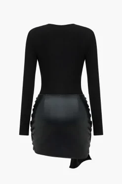 MICAS Long Sleeve Dresses|Mini Dresses-Faux Leather Patchwork Tie Front Round Neck Ruched Mini Dress