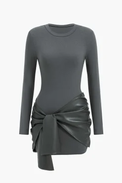 MICAS Long Sleeve Dresses|Mini Dresses-Faux Leather Patchwork Tie Front Round Neck Ruched Mini Dress