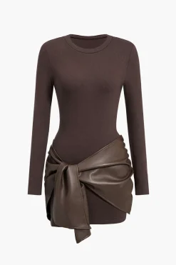 MICAS Long Sleeve Dresses|Mini Dresses-Faux Leather Patchwork Tie Front Round Neck Ruched Mini Dress