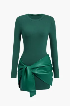 MICAS Long Sleeve Dresses|Mini Dresses-Faux Leather Patchwork Tie Front Round Neck Ruched Mini Dress