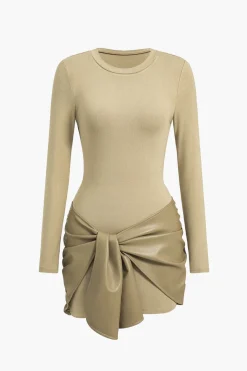 MICAS Long Sleeve Dresses|Mini Dresses-Faux Leather Patchwork Tie Front Round Neck Ruched Mini Dress