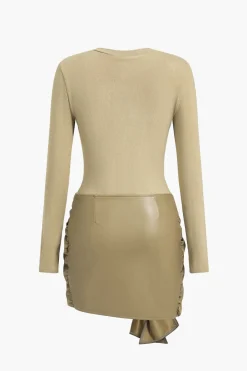 MICAS Long Sleeve Dresses|Mini Dresses-Faux Leather Patchwork Tie Front Round Neck Ruched Mini Dress