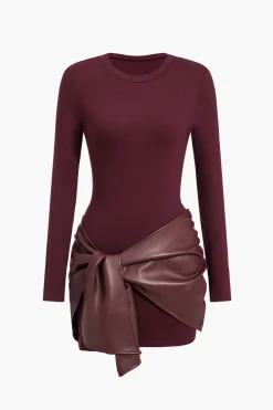 MICAS Long Sleeve Dresses|Mini Dresses-Faux Leather Patchwork Tie Front Round Neck Ruched Mini Dress