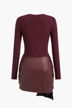 MICAS Long Sleeve Dresses|Mini Dresses-Faux Leather Patchwork Tie Front Round Neck Ruched Mini Dress