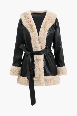 MICAS Outerwear|Outerwear-Faux Leather Patchwork Tie-Up Jacket BLACK