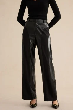 MICAS Pants-Faux Leather Patchwork Trousers BLACK