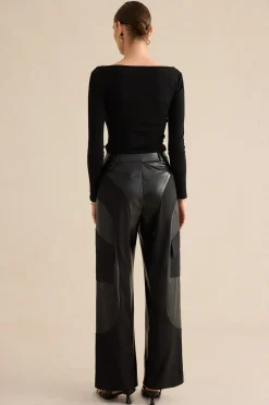 MICAS Pants-Faux Leather Patchwork Trousers BLACK