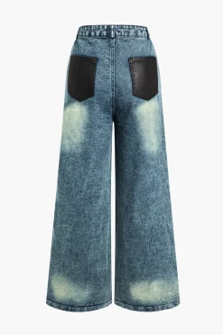 MICAS Jeans-Faux Leather Patchwork Wide Leg Jeans BLACK