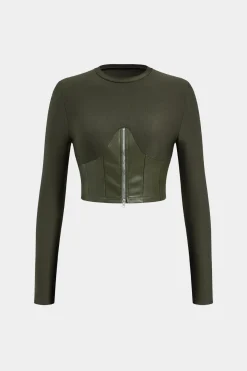 MICAS Pant Sets-Faux Leather Patchwork Zipper Long Sleeve Top And Trousers Set GREEN