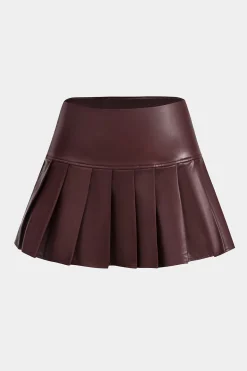 MICAS Skirts-Faux Leather Pleated Skirt BURGUNDY