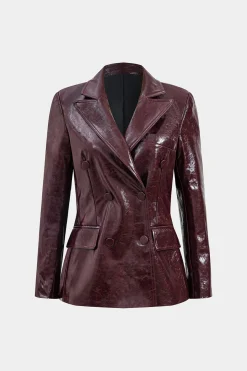 MICAS Outerwear|Blazers-Faux Leather Pocket Button Notched Lapel Blazer BURGUNDY
