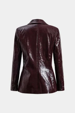 MICAS Outerwear|Blazers-Faux Leather Pocket Button Notched Lapel Blazer BURGUNDY