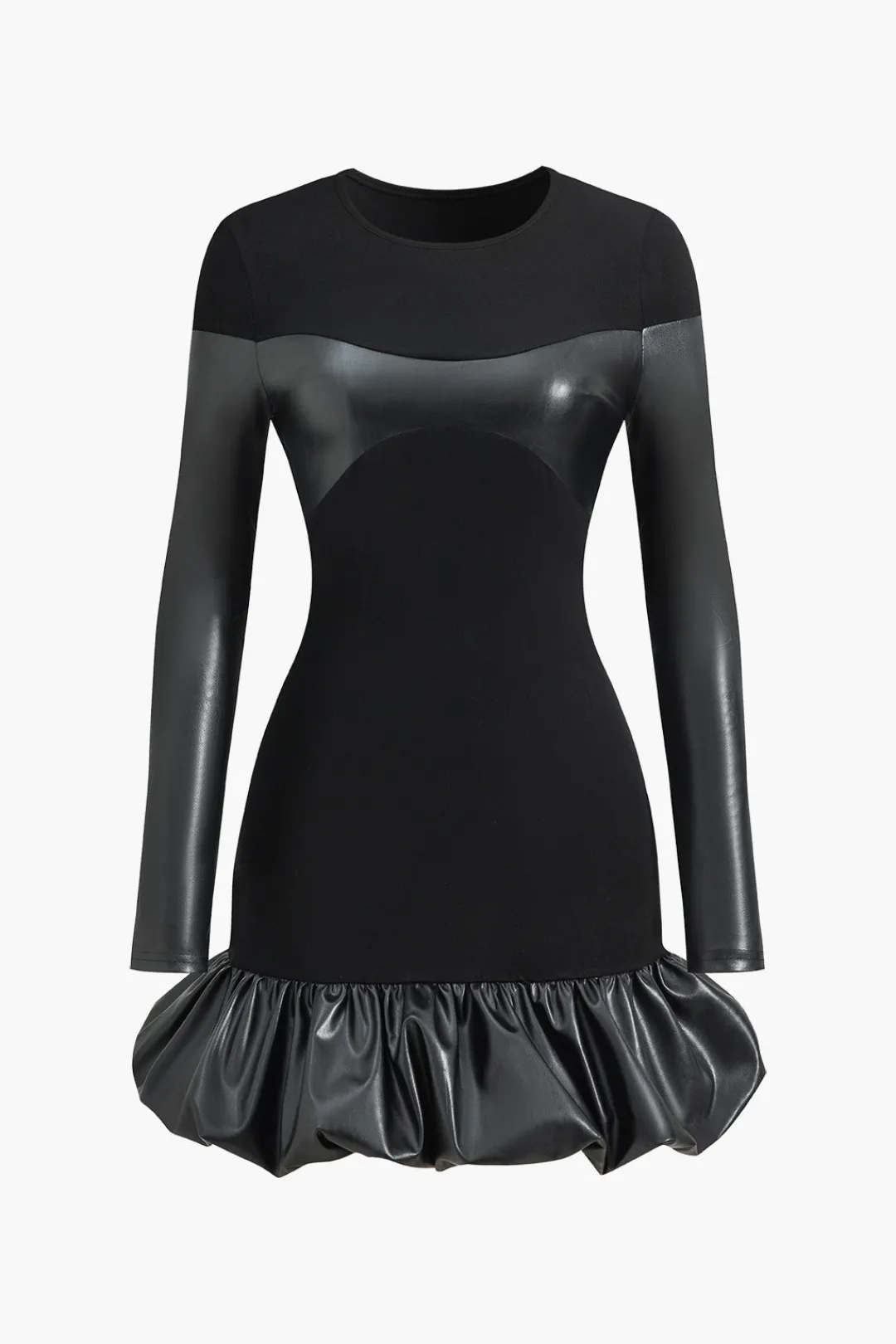 MICAS Long Sleeve Dresses|Mini Dresses-Faux Leather Round Neck Patchwork Mini Dress BLACK