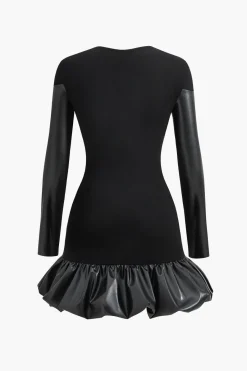 MICAS Long Sleeve Dresses|Mini Dresses-Faux Leather Round Neck Patchwork Mini Dress BLACK