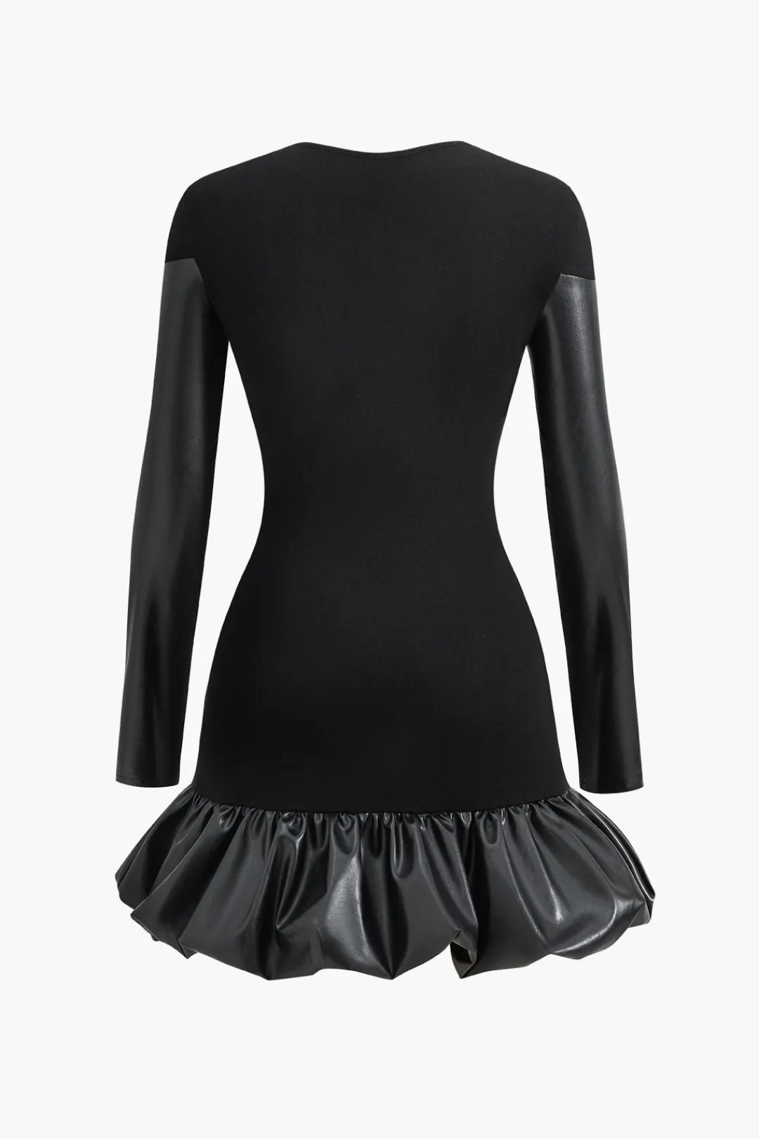 MICAS Long Sleeve Dresses|Mini Dresses-Faux Leather Round Neck Patchwork Mini Dress BLACK