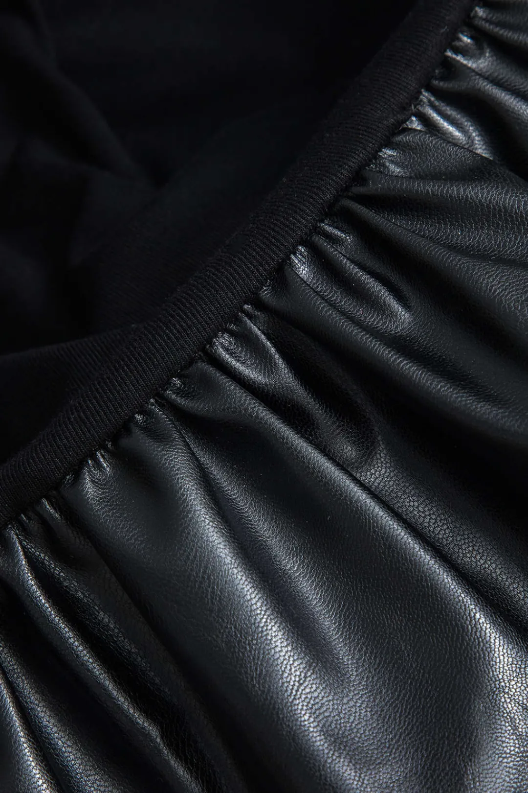 MICAS Long Sleeve Dresses|Mini Dresses-Faux Leather Round Neck Patchwork Mini Dress BLACK