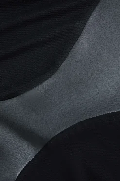 MICAS Long Sleeve Dresses|Mini Dresses-Faux Leather Round Neck Patchwork Mini Dress BLACK