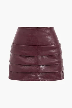 MICAS Skirts-Faux Leather Ruched Detail Skirt BURGUNDY