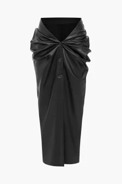 MICAS Skirts-Faux Leather Ruched Skirt BLACK