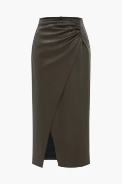 MICAS Skirts-Faux Leather Ruched Skirt COFFEE