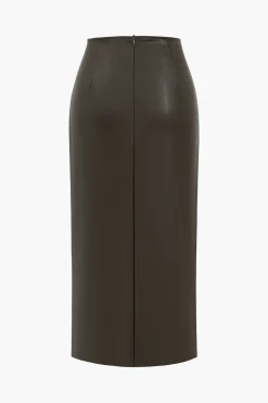 MICAS Skirts-Faux Leather Ruched Skirt COFFEE