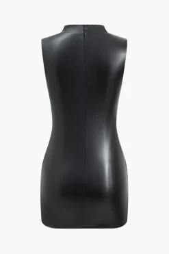 MICAS Mini Dresses-Faux Leather Ruched Sleeveless Asymmetrical Mini Dress BLACK