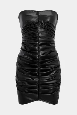 MICAS Mini Dresses-Faux Leather Ruched Strapless Sleeveless Mini Dress BLACK