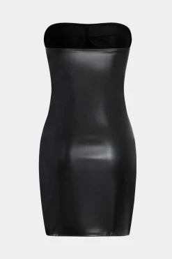 MICAS Mini Dresses-Faux Leather Ruched Strapless Sleeveless Mini Dress BLACK