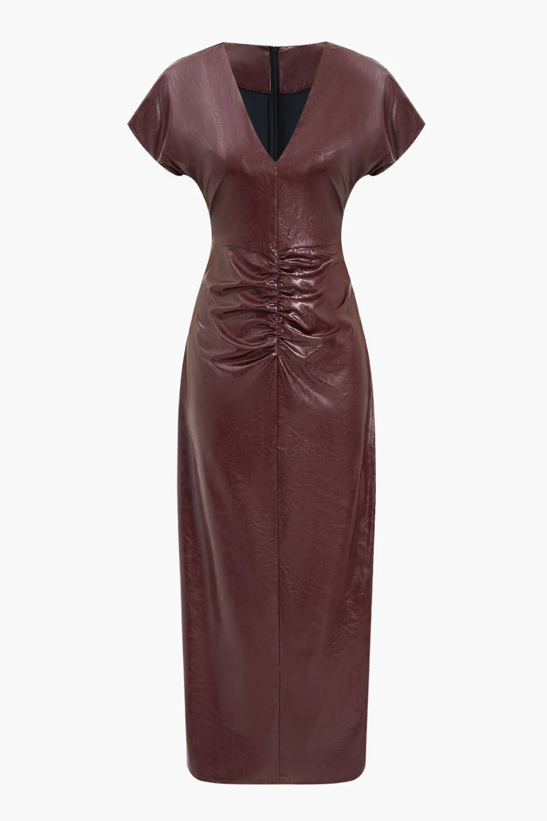 MICAS Midi Dresses-Faux Leather Ruched V-Neck Midi Dress MAROON