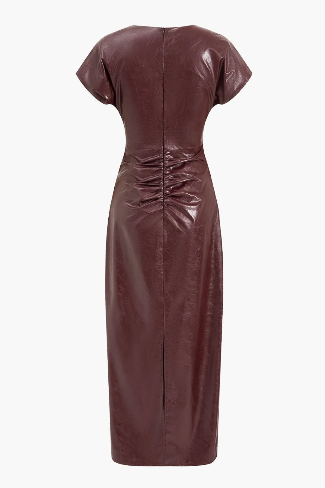 MICAS Midi Dresses-Faux Leather Ruched V-Neck Midi Dress MAROON