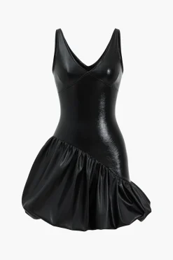 MICAS Mini Dresses-Faux Leather Ruched V-Neck Asymmetrical Mini Dress