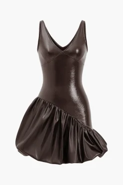 MICAS Mini Dresses-Faux Leather Ruched V-Neck Asymmetrical Mini Dress