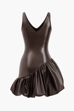 MICAS Mini Dresses-Faux Leather Ruched V-Neck Asymmetrical Mini Dress