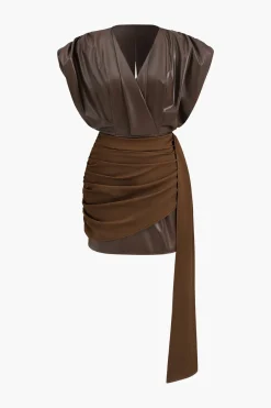 MICAS Mini Dresses-Faux Leather Ruched Zipper V-Neck Mini Dress BROWN