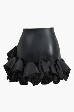 MICAS Skirts-Faux Leather Ruffle Mini Skirt BLACK