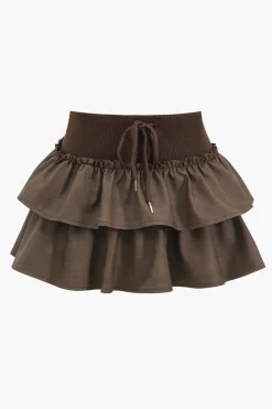 MICAS Skirts-Faux Leather Ruffle Tie-Up Patchwork Skirt BROWN