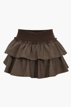 MICAS Skirts-Faux Leather Ruffle Tie-Up Patchwork Skirt BROWN