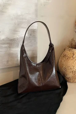 MICAS Bags|Accessories-Faux Leather Shoulder Bag BROWN