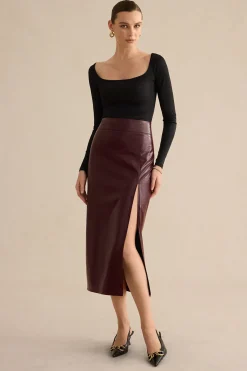MICAS Skirts-Faux Leather Side Slit Skirt