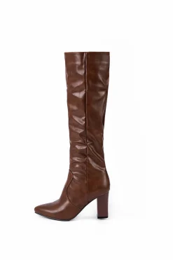 MICAS Shoes|Boots-Faux Leather Side Zipper Pointed Knee High Boots CHOCOLATE