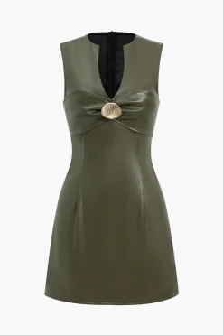 MICAS Mini Dresses-Faux Leather Sleeveless Mini Dress OLIVE