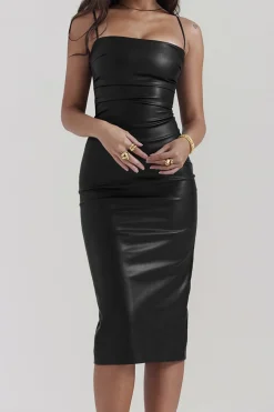 MICAS Midi Dresses-Faux Leather Slip Lace Up Midi Dress BLACK